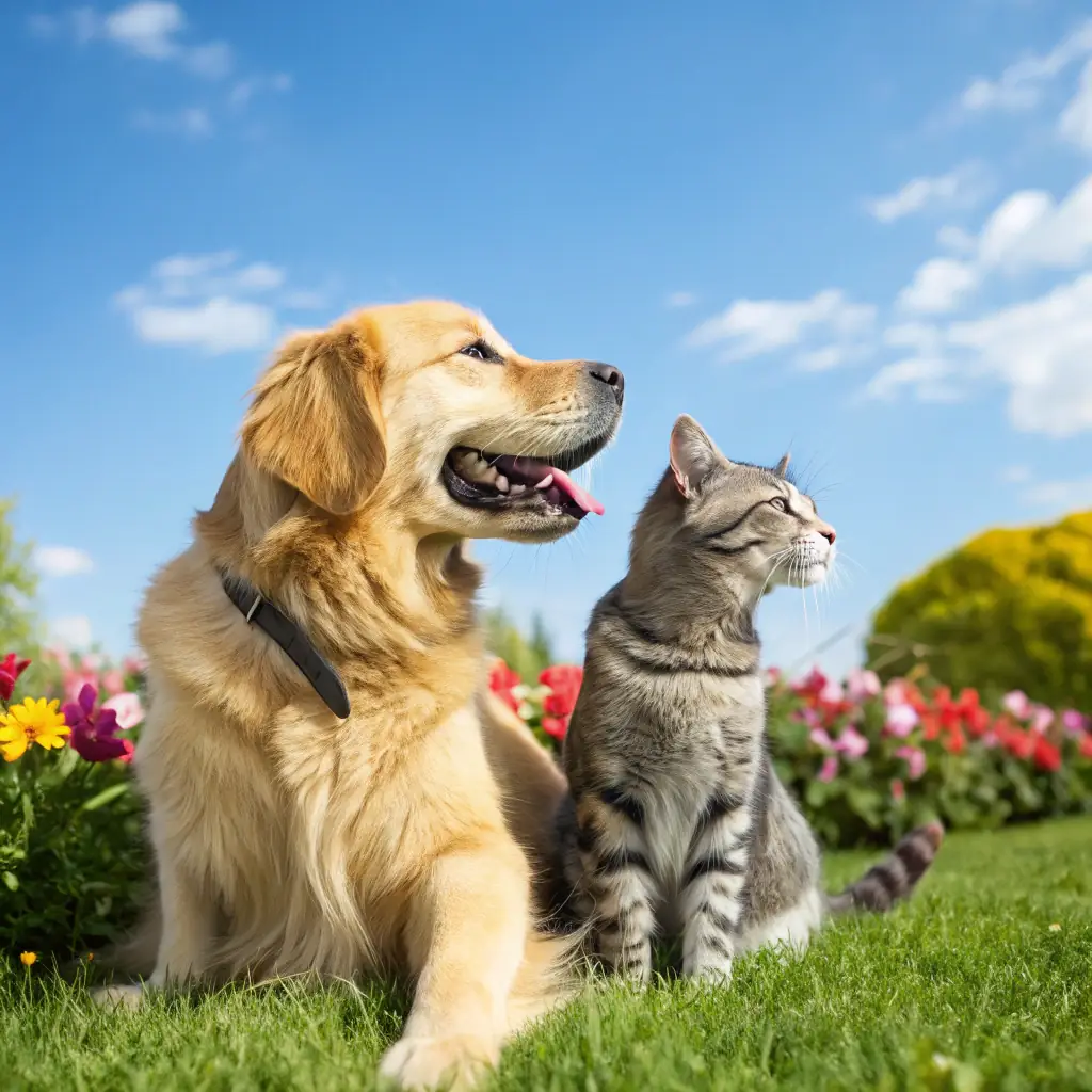a friendly, eco-themed image of a happy dog and cat surrounded by green leaves, symbolizing eco-friendly pet care, suitable for the about us section