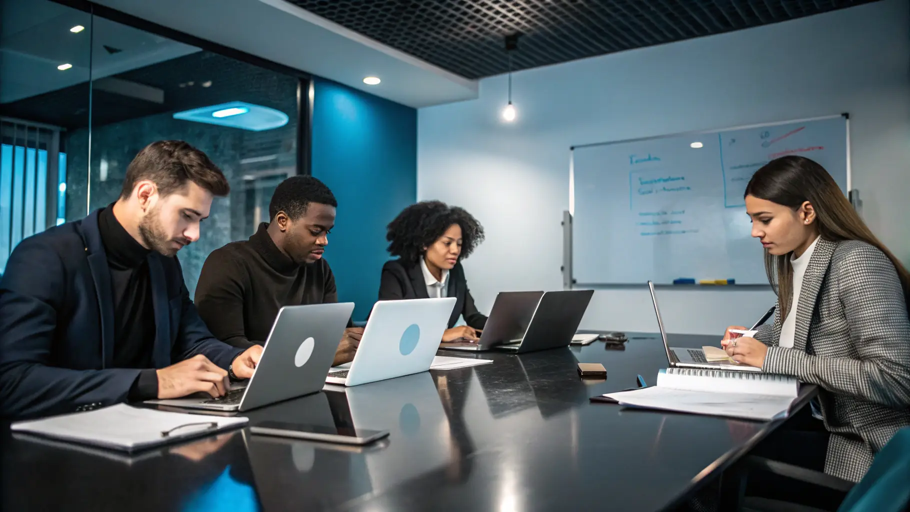 A modern office space with employees collaborating on travel plans, reflecting Omterra Travel's innovative approach.