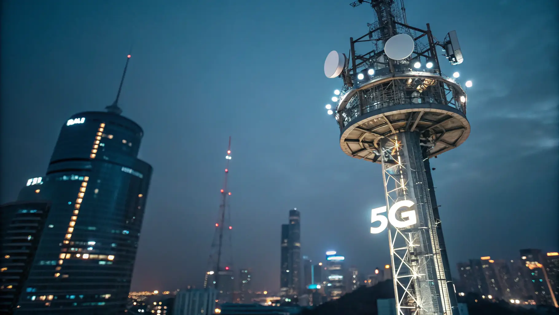 An image of a modern telecom tower with fiber optic cables and 5G antennas, symbolizing advanced connectivity infrastructure.
