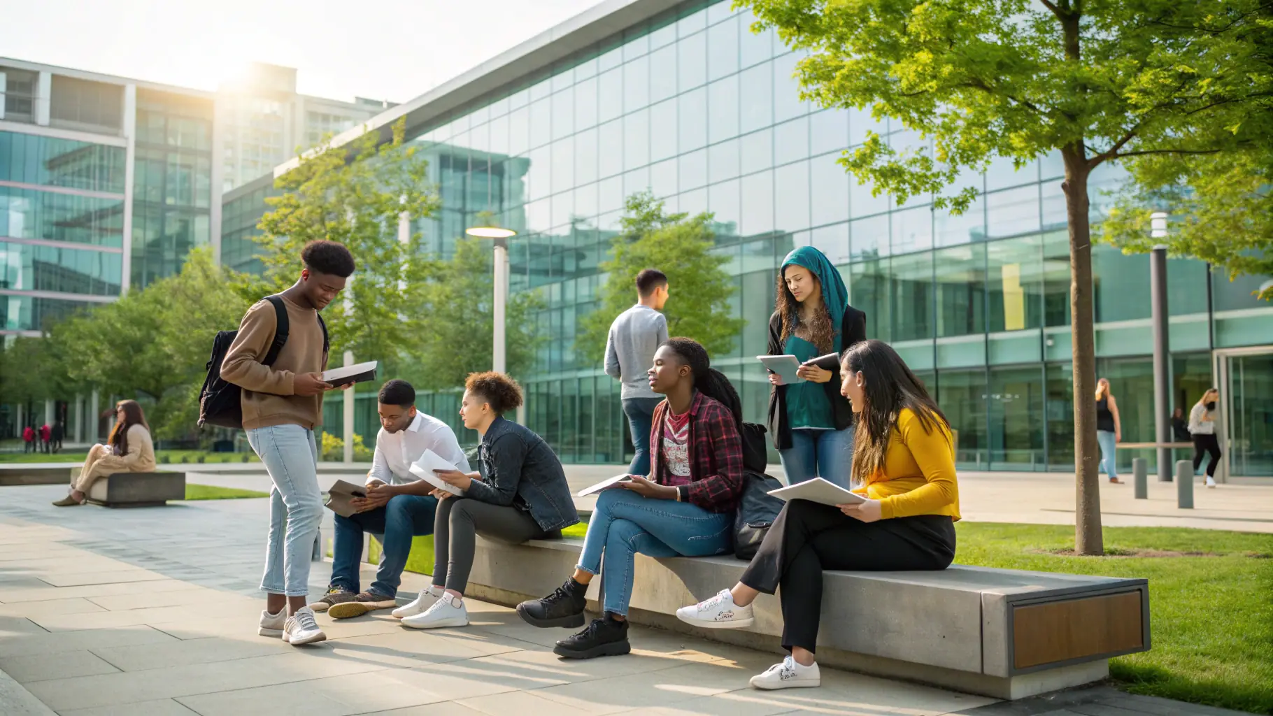 A vibrant, diverse group of students engaging in cultural exchange, sports, and arts activities in a modern European university campus setting, emphasizing international collaboration and personal development.
