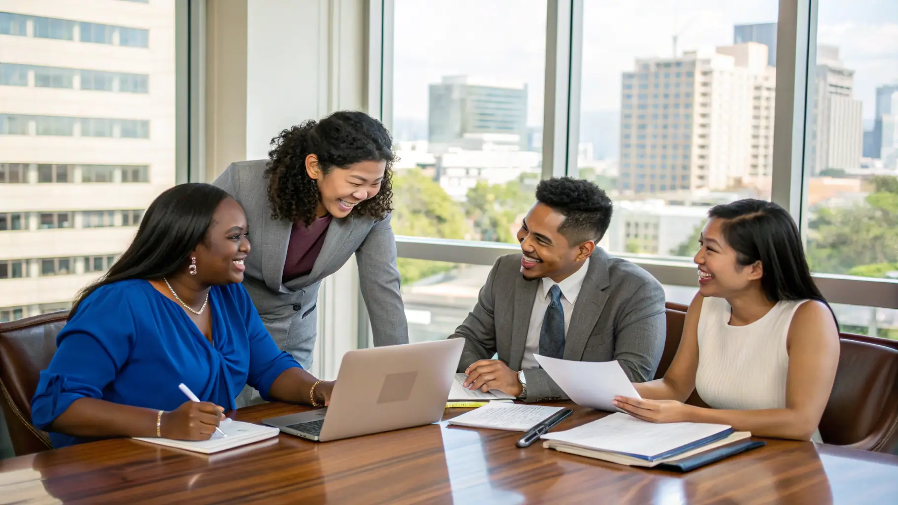 A group of diverse small business owners collaborating in a modern office space, symbolizing partnership and growth.