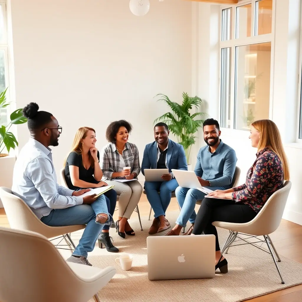 A diverse group of small business owners collaborating in a modern office space, symbolizing Mernouten's commitment to community and growth.