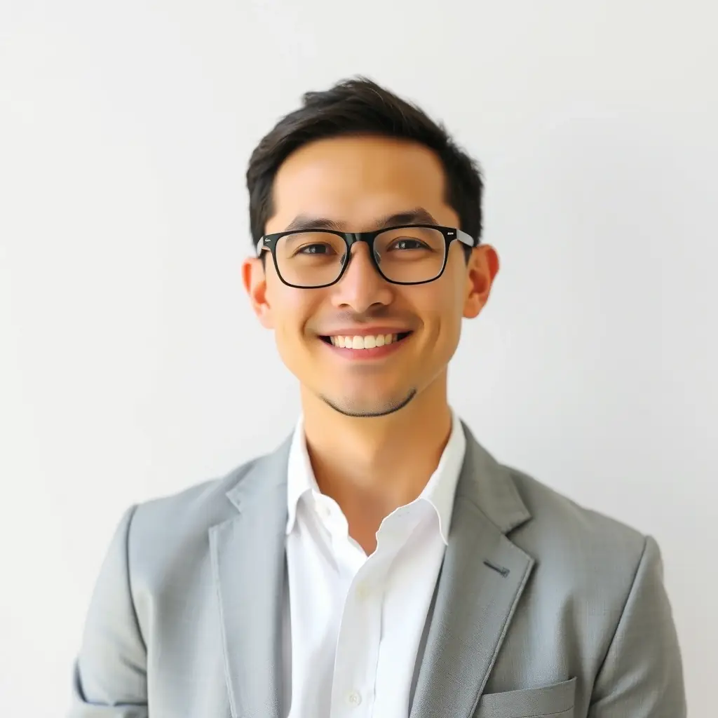 Professional headshot of a smiling client, offset to the side, with a clean background.