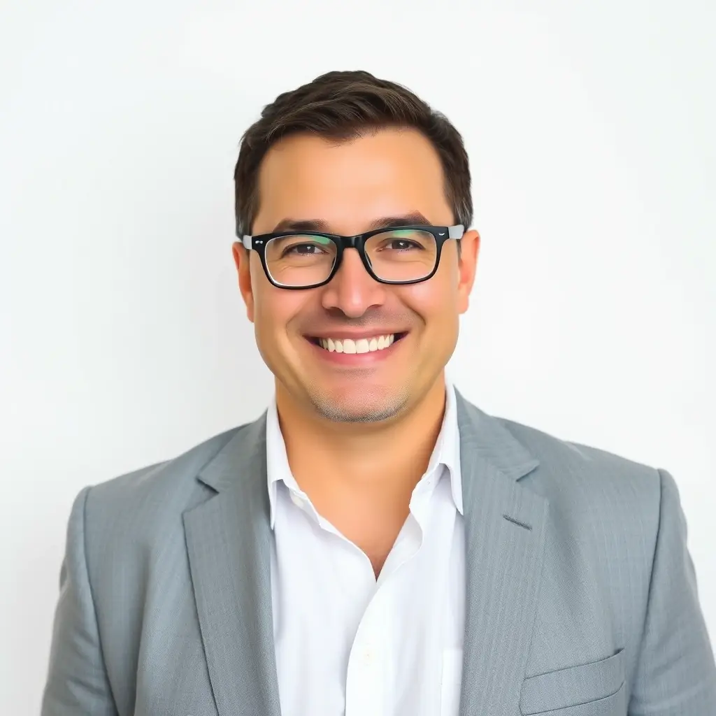 Professional headshot of a smiling client, offset to the side, with a clean background.