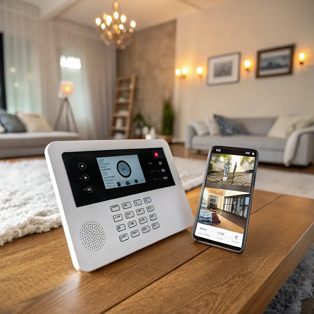 A modern security control panel for video surveillance with a smartphone displaying a live security camera feed, set in a well-lit home environment, emphasizing ease of use and remote monitoring capabilities.
