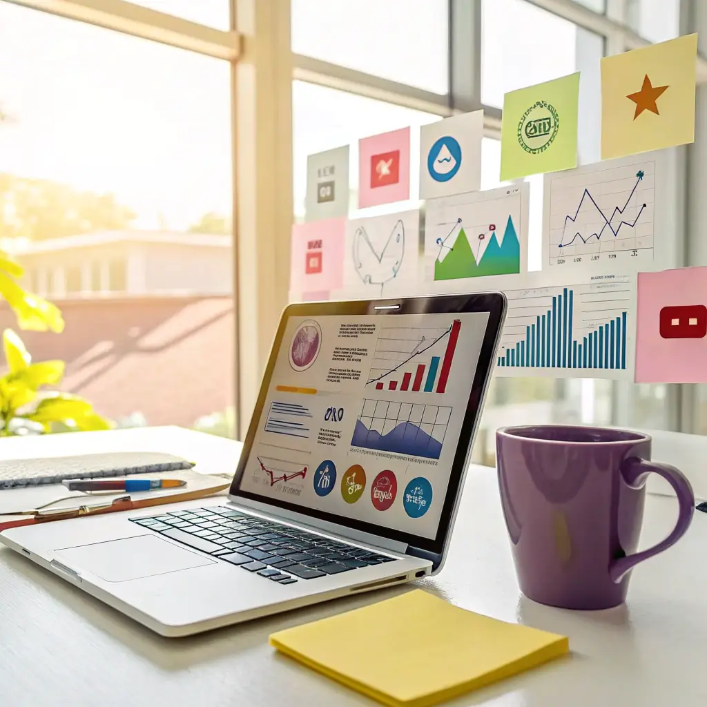 A vibrant Google Shopping ad campaign featuring beverage products, with a focus on digital marketing for retail distribution, showcasing a laptop screen with product images and analytics graphs.