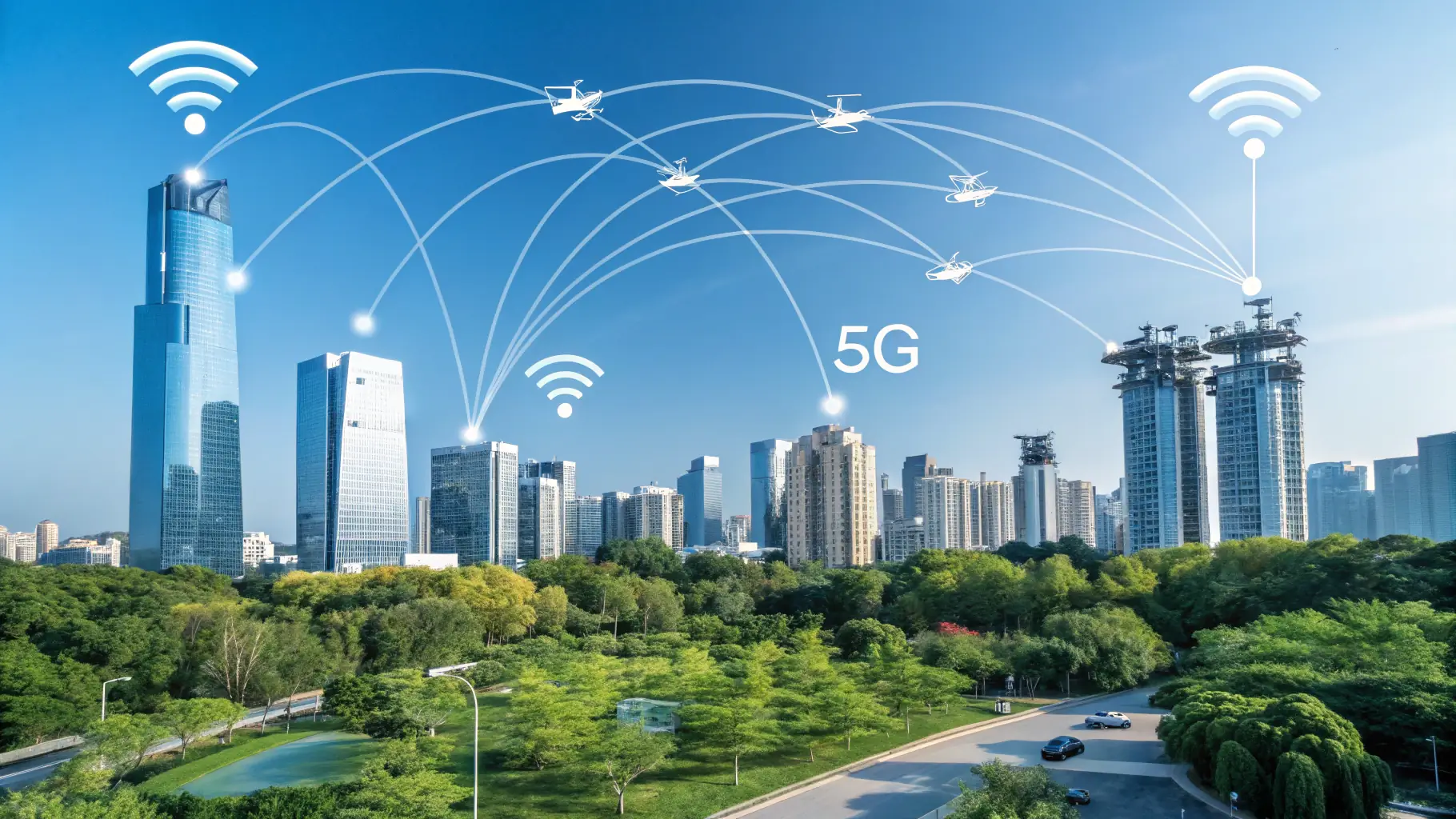 a high-resolution image of a 5G base station installed in a dense urban environment, showcasing advanced telecommunications infrastructure