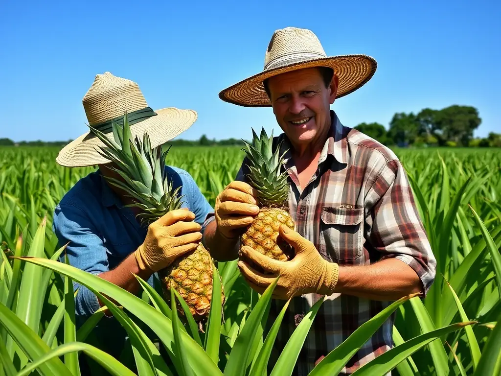 A vibrant pineapple field with farmers harvesting pineapples under a sunny sky.