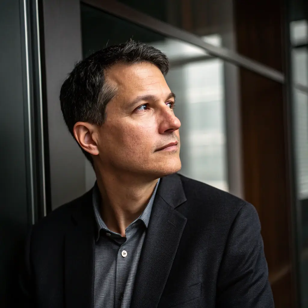 Elias is a sharp and focused individual with a modern haircut and a professional demeanor. He often sports a smart casual look, reflecting his dynamic role.
