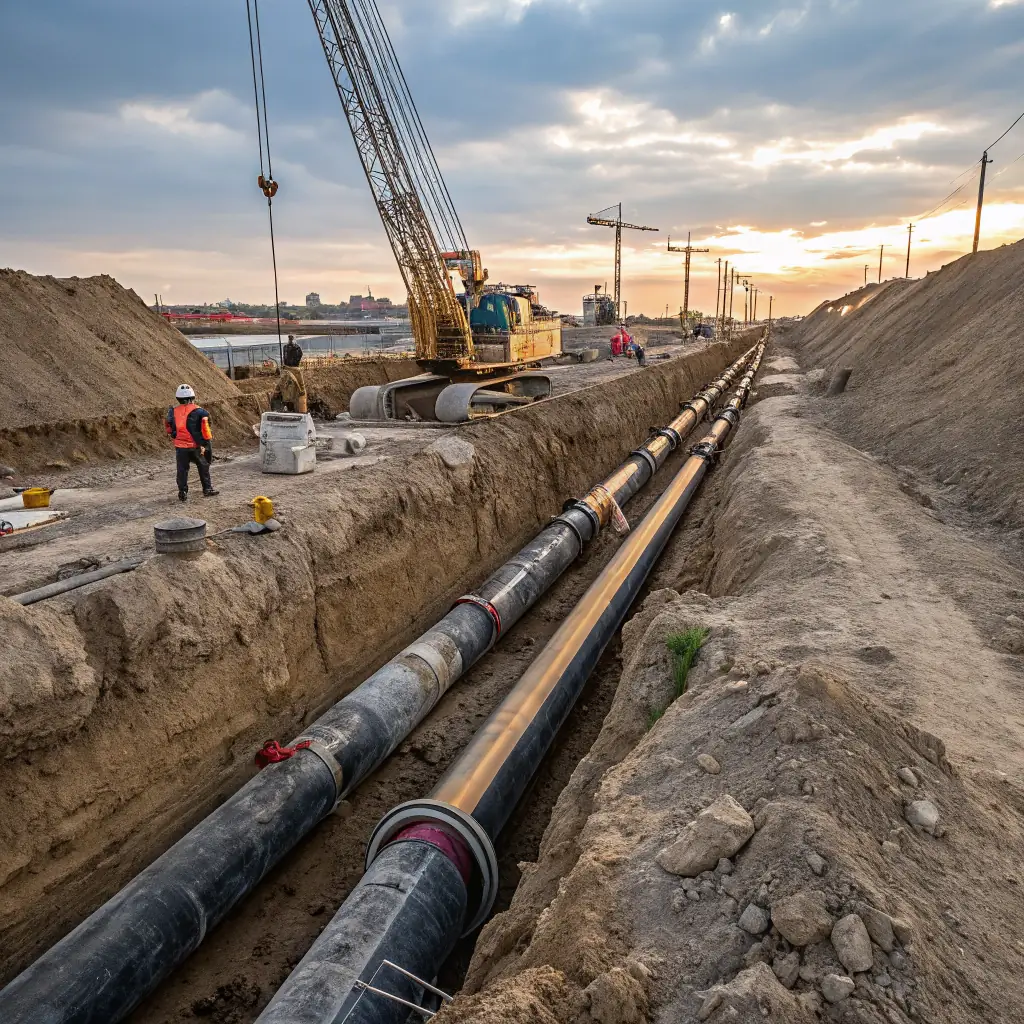 A high-quality photograph of a recently completed water pipeline project by Azarakhsh Novin Mehregan Javid, showcasing the installed pipes, fittings, and valves in a real-world setting. The image should emphasize the scale and importance of the project, highlighting the company's contribution to water infrastructure.