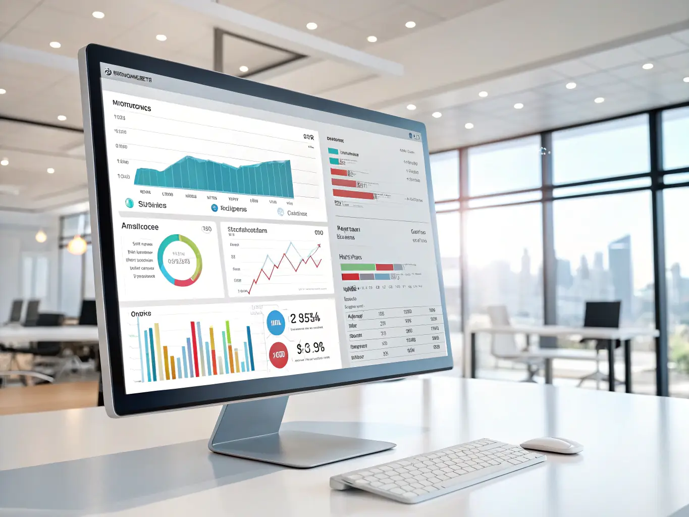 Ein klares, professionelles B2B-Image, das ein integriertes ERP-System darstellt, das verschiedene Aspekte eines Großhandels- und Vertriebsunternehmens verwaltet, wie z. B. Lagerbestände, Kundenaufträge und Logistik. Das Image sollte Effizienz und nahtlose Integration vermitteln.