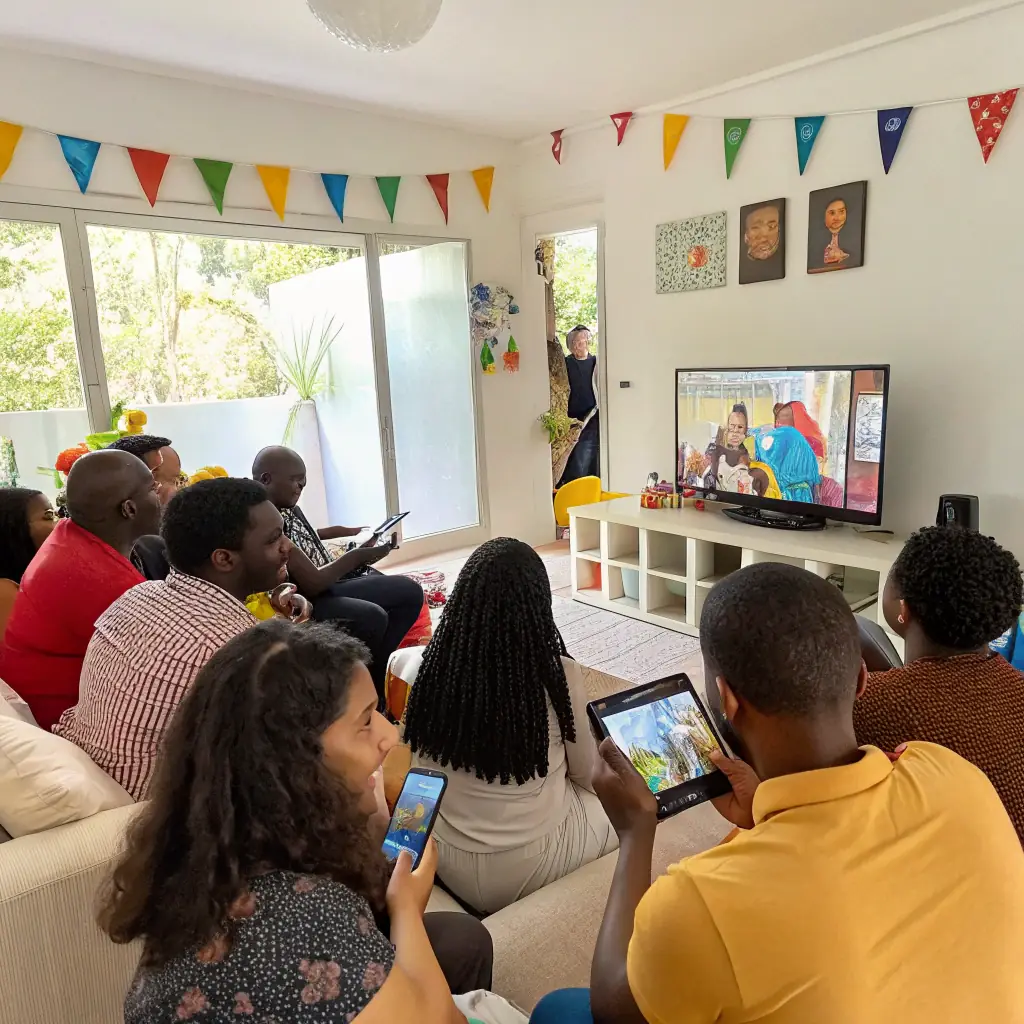 A diverse group of young adults enthusiastically watching a vertical video on their smartphones, showcasing the engagement and reach of short-form content.