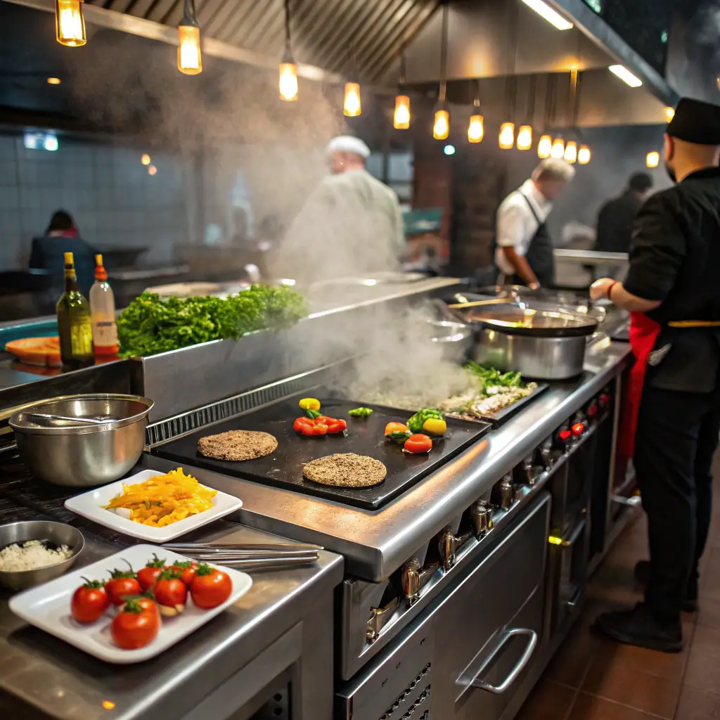 A wide-angle shot of a pristine commercial kitchen, focusing on the gleaming stainless steel exhaust hoods above the cooking area. Chefs are working in the background, creating a sense of activity and professionalism.