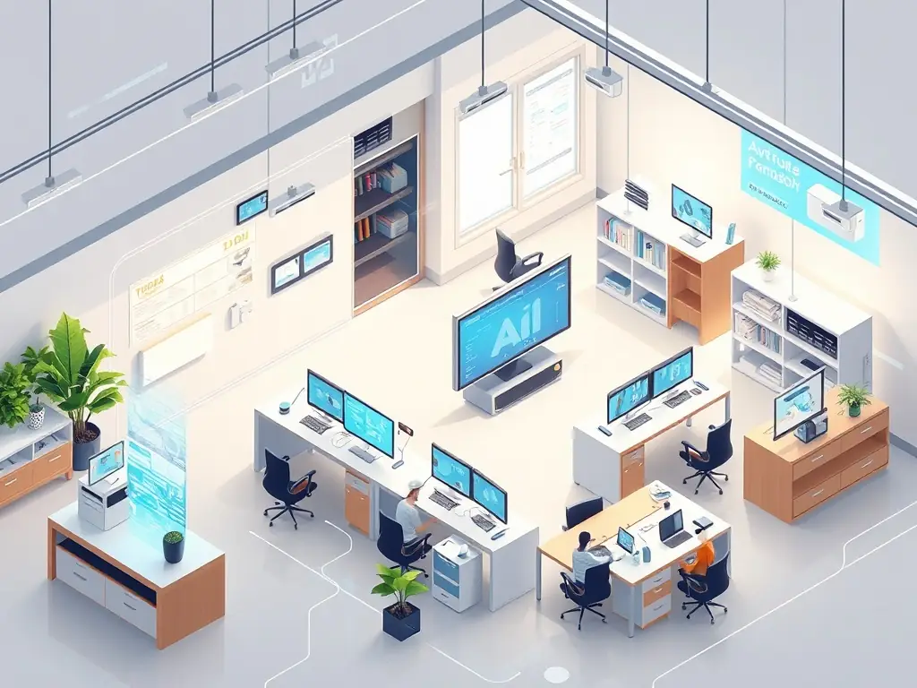 A modern office environment with ARPANET's AI solutions displayed on screens, symbolizing innovation and strategic media analysis