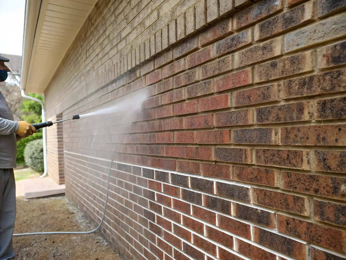 A close-up image of a building's exterior wall being soft washed, showing the gentle removal of contaminants without causing damage to the surface.