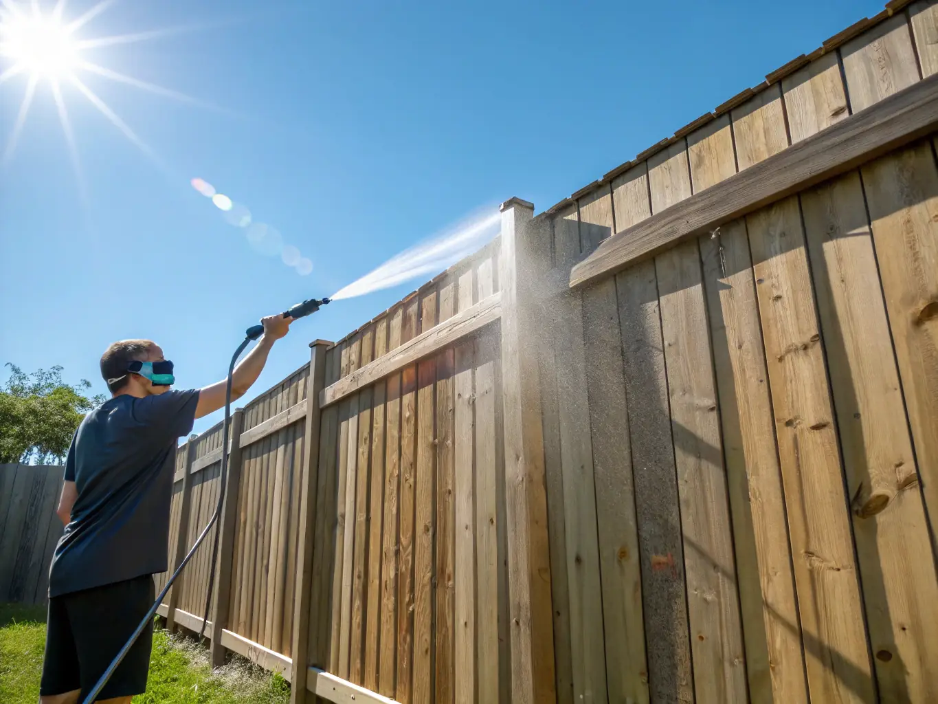 An image of a weathered and dirty fence being cleaned, with a clear visual representation of the transformation and restoration process.