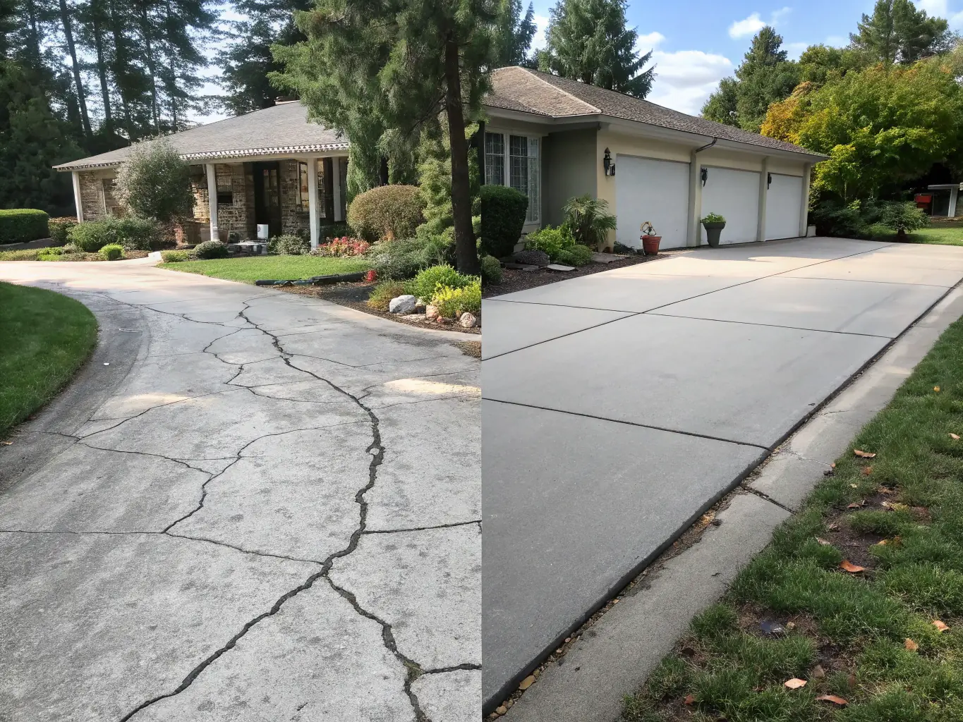 A before-and-after image showcasing a driveway that has been professionally cleaned, removing oil stains and tyre marks, with a clear contrast between the dirty and clean sections.