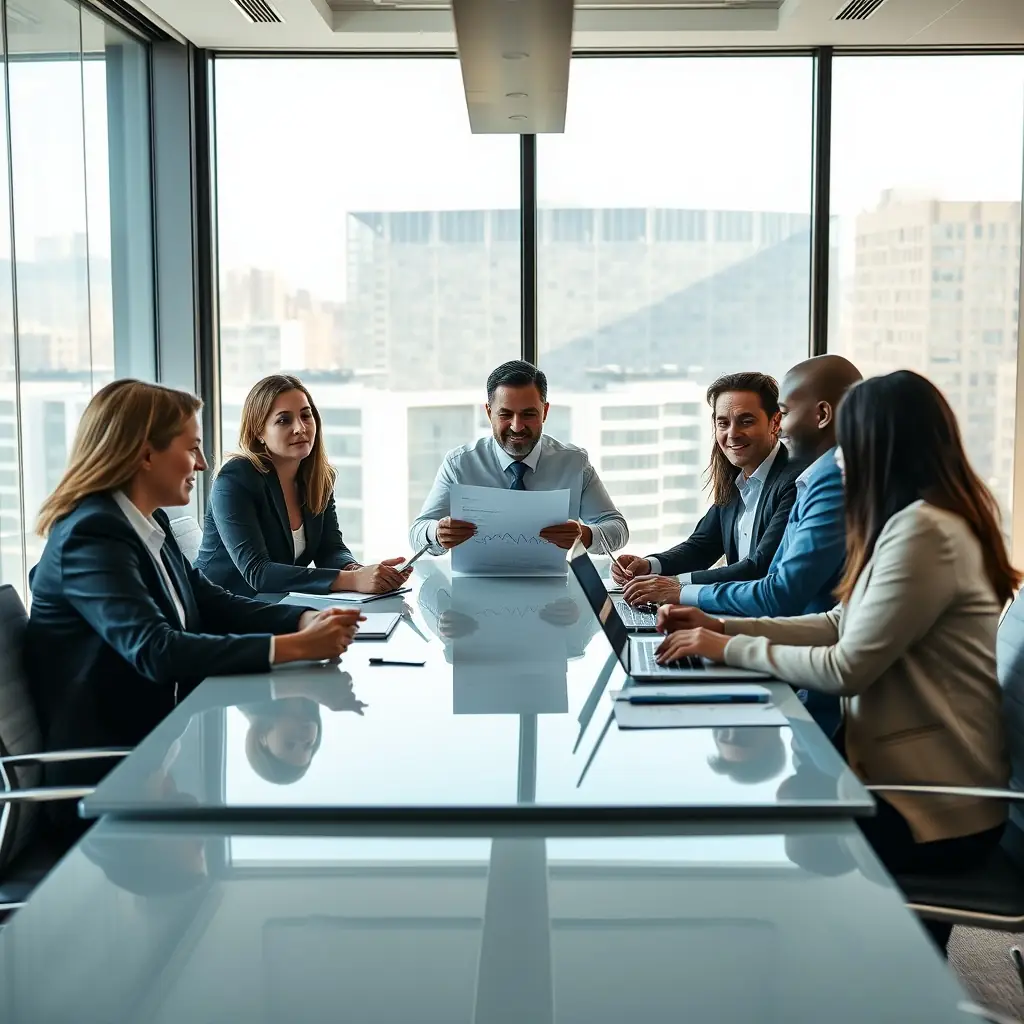 A team of financial advisors discussing M&A strategies with a client, surrounded by charts and graphs in a modern office.