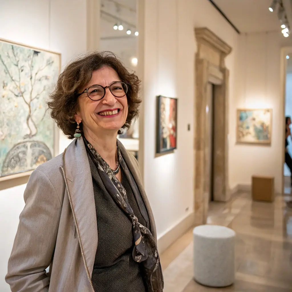 Eleanor has short, wavy auburn hair and bright green eyes, often seen wearing stylish glasses and a thoughtful expression.