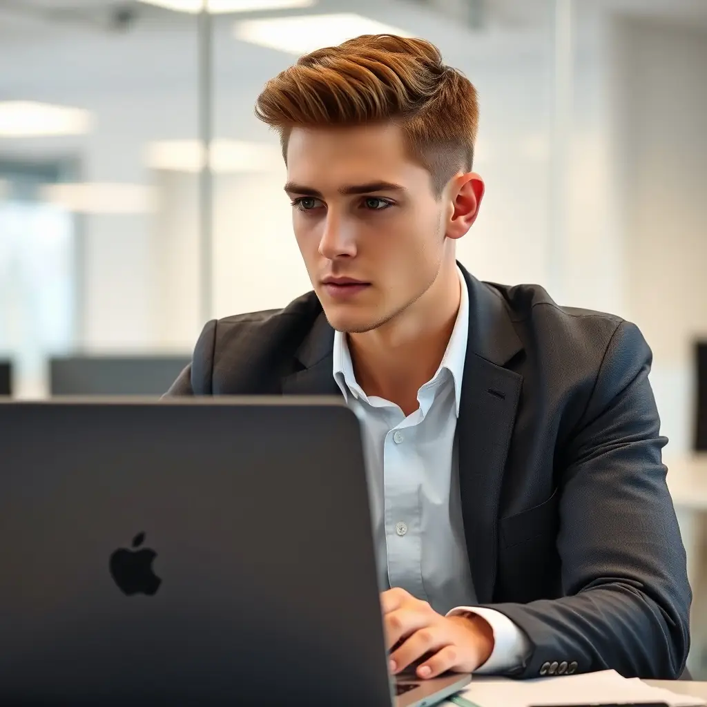 David is a young man with a clean-shaven face and intense concentration, typically found coding at his desk.