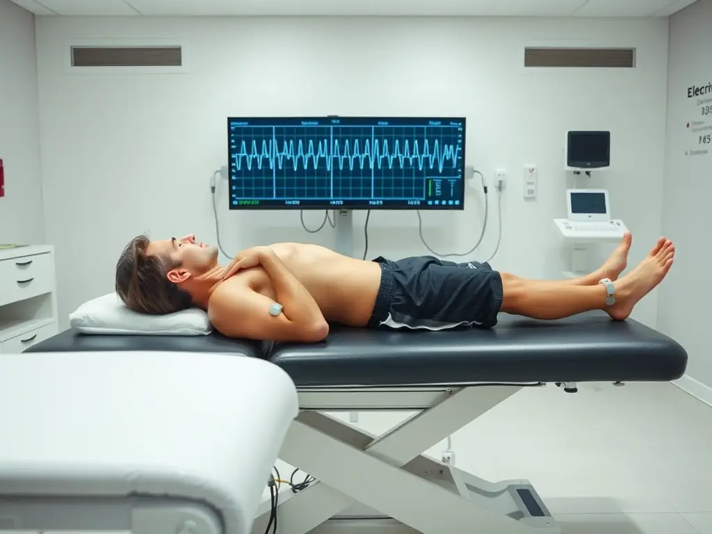 A person with sensors attached to their muscles, displaying the electrical activity on a screen.