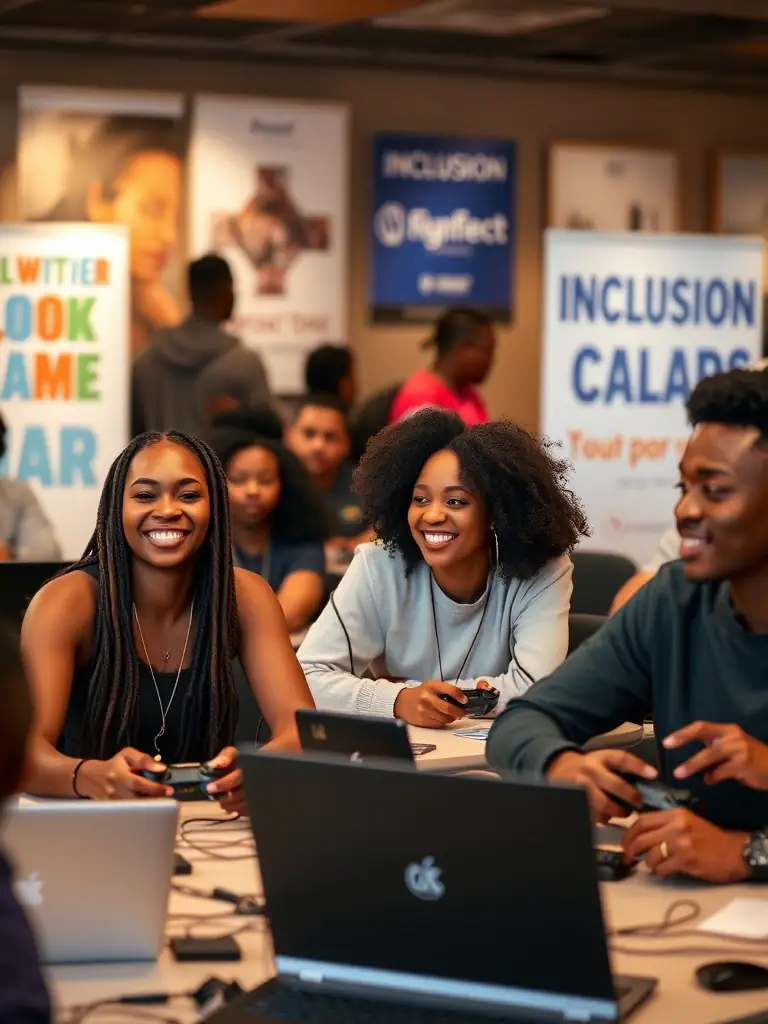A group of gamers, including Black women, participating in a community meetup organized by AFROGAMEUSES, fostering a sense of belonging and support.