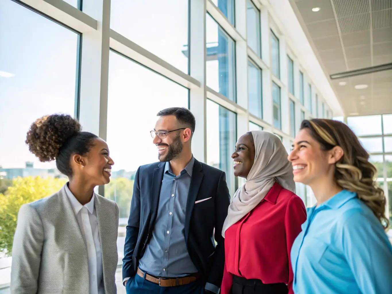 A photograph of a diverse and experienced team of home improvement professionals, smiling and working together in a bright and modern office space, symbolizing expertise and dedication.