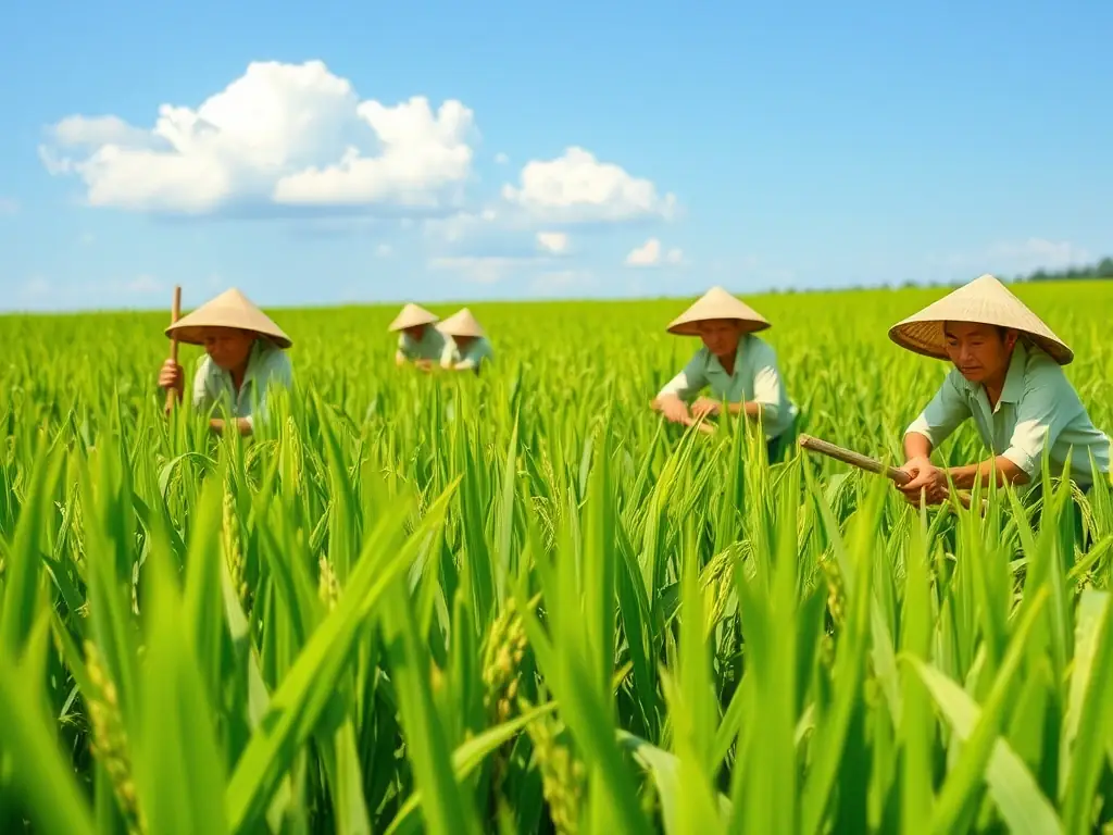 A lush green rice field with farmers harvesting the crop under a sunny sky, showcasing the company's connection to agriculture.