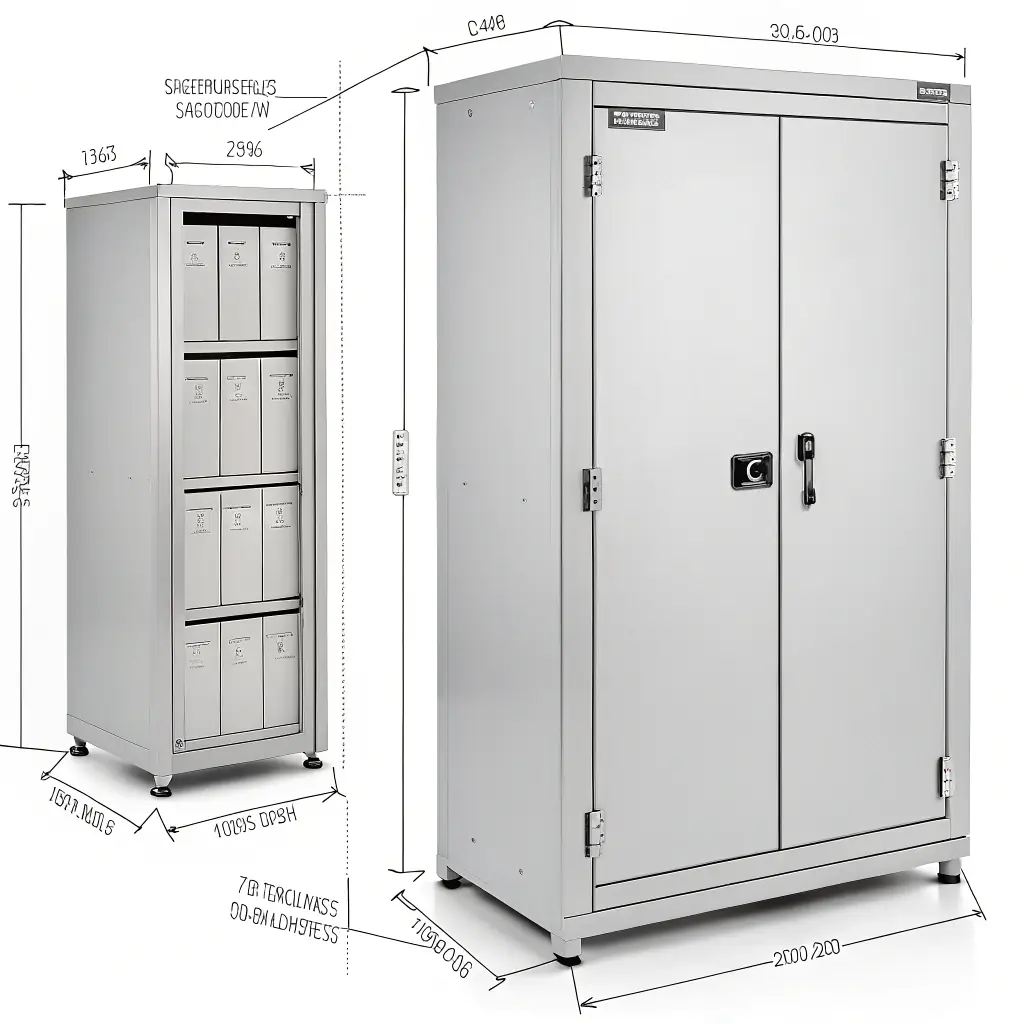 A detailed technical drawing of a cabinet design, showcasing precise measurements and annotations, set against a backdrop of a modern mill shop with CNC machines.