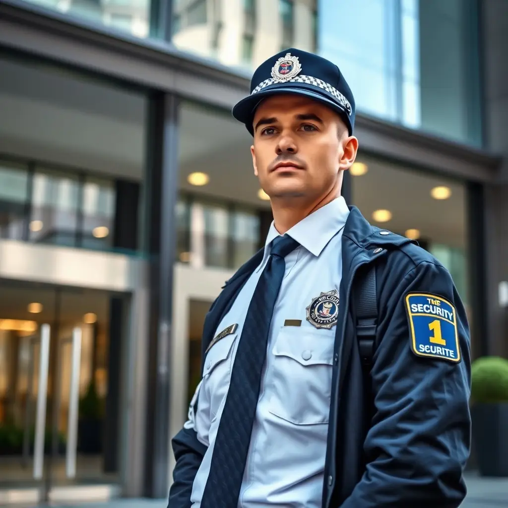 A security guard wearing a professionally tailored, dark navy uniform with the MAJARA MIRDIF SEWING logo subtly embroidered on the breast pocket. The guard is standing confidently in front of a modern corporate building, symbolizing trust and reliability.
