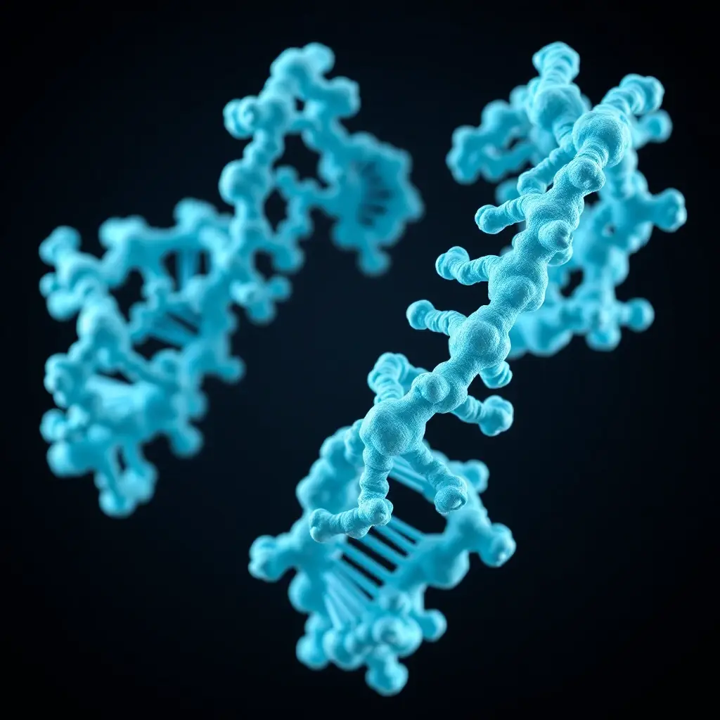 Immagine della proteina Klotho, visualizzata in 3D con colori blu e verde acqua, che rappresenta la sua struttura complessa e il suo ruolo nella nutrizione sportiva e performance atletica.