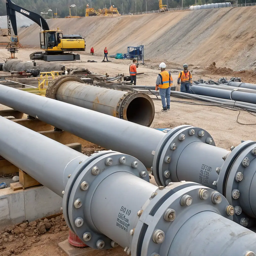 A high-quality photo showcasing Azarakhsh Novin Mehregan Javid's corrugated pipes being installed in a water pipeline project. The yellow inner and black outer layers of the pipes should be clearly visible.