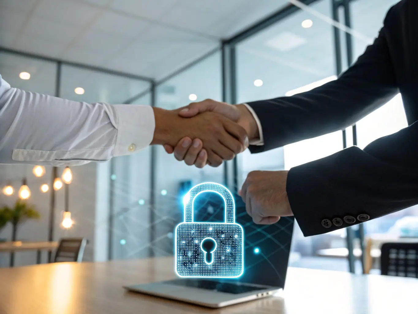 Two hands, one with a fingerprint scanner, symbolizing a partnership between TrustPoint and Fingerscan Digital Inc.