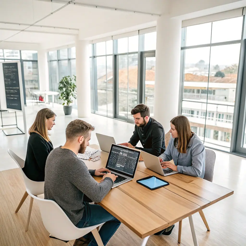 A professional team of developers working on innovative web and mobile applications, showcasing their expertise in custom software, testing, SEO, and digital solutions for diverse industries.