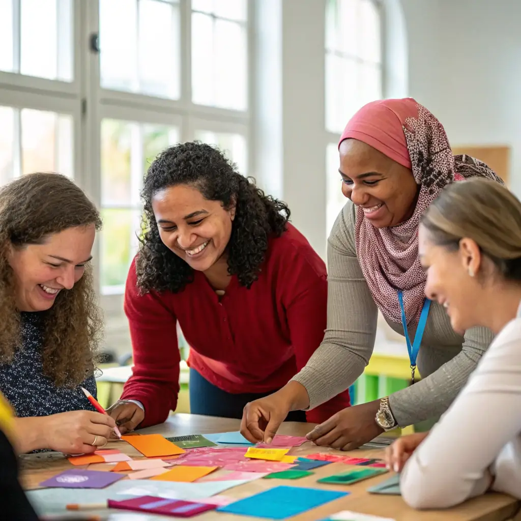 A warm, authentic photo depicting rural women engaged in educational activities or community programs, showcasing empowerment and collaboration.
