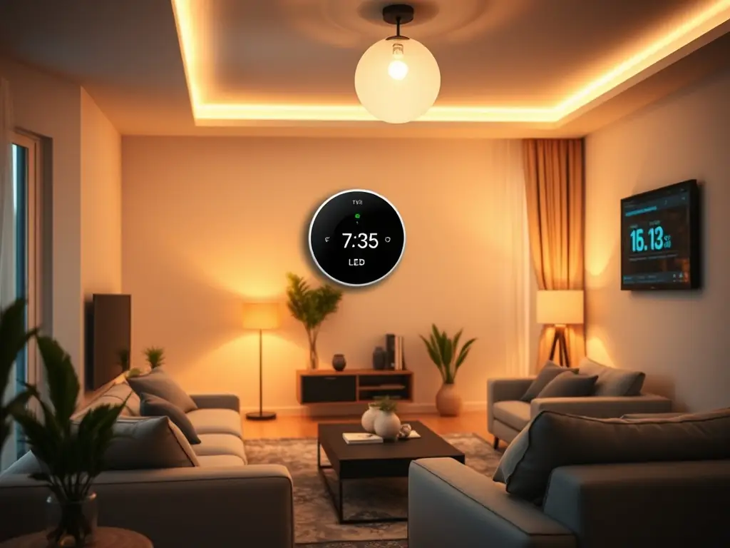 A modern home interior with a smart thermostat displaying energy-saving settings, highlighting the benefits of an optimized heating system. The image should convey comfort, efficiency, and technological advancement.