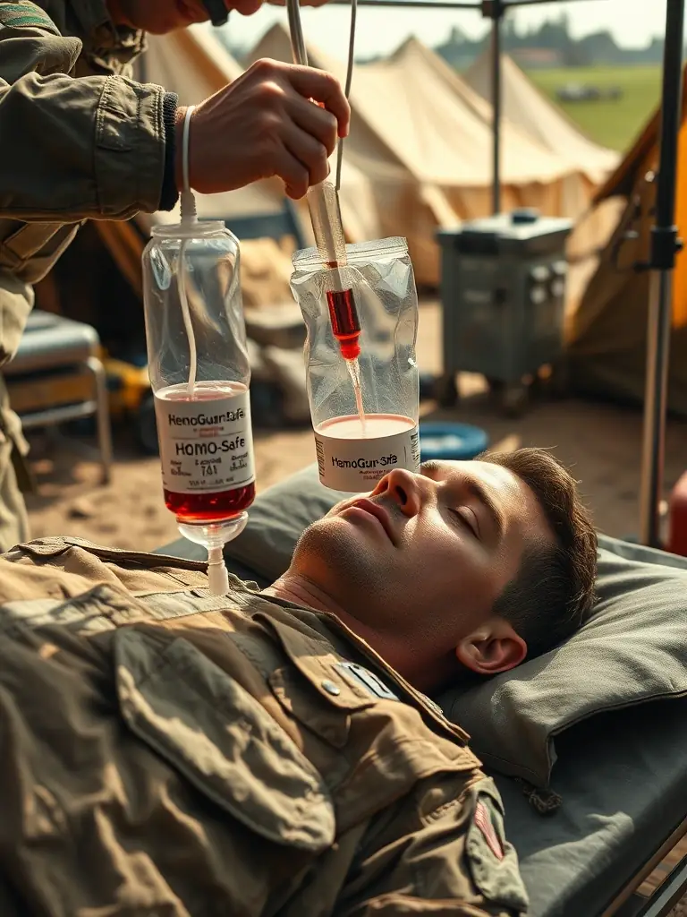 A digitally enhanced image of a soldier receiving a blood transfusion in a field hospital setting, with a clear focus on the HemoGuard-Safe product being administered.