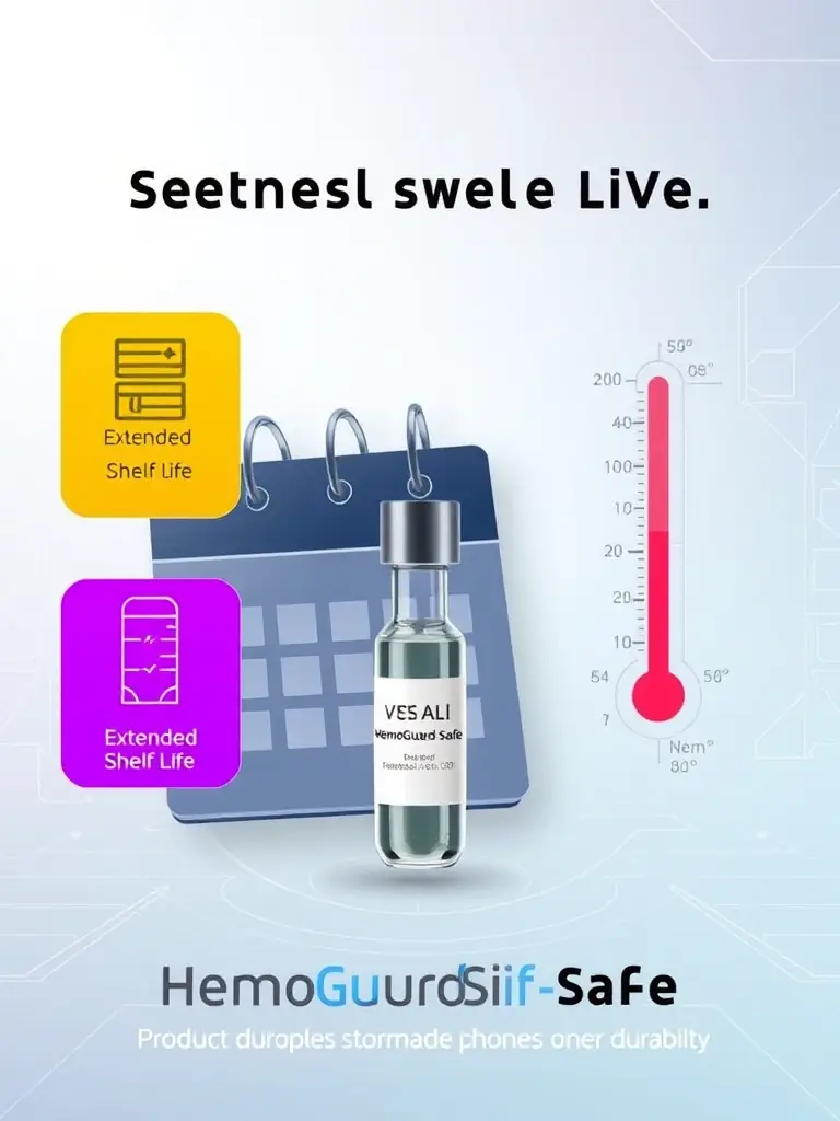 A graphic depicting the extended shelf life and temperature stability of HemoGuard-Safe compared to conventional blood products.