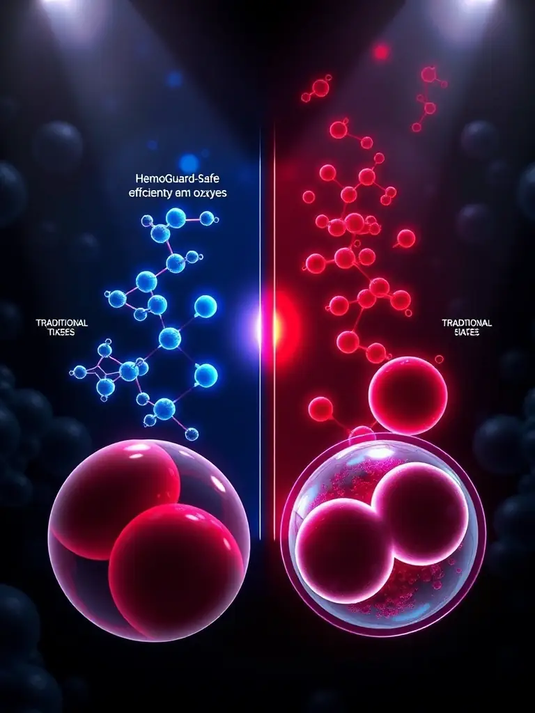An illustration comparing the oxygen-carrying capacity of HemoGuard-Safe versus traditional blood, highlighting its superior performance.