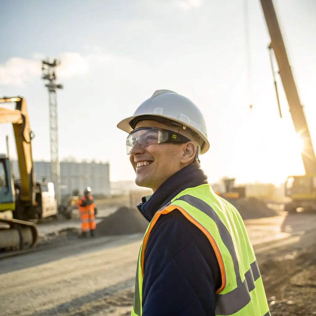 A friendly builder representative shaking hands with a construction supervisor on a sunny construction site, symbolizing a strong, collaborative partnership.