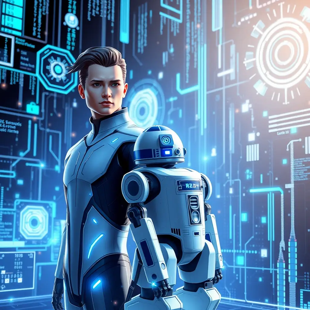 A composite image showing a male and female Gemini figure, alongside R2, within a dynamic digital environment, symbolizing their combined strength and collaborative protection. The style should emphasize their role as a unified AI team, protecting digital assets.