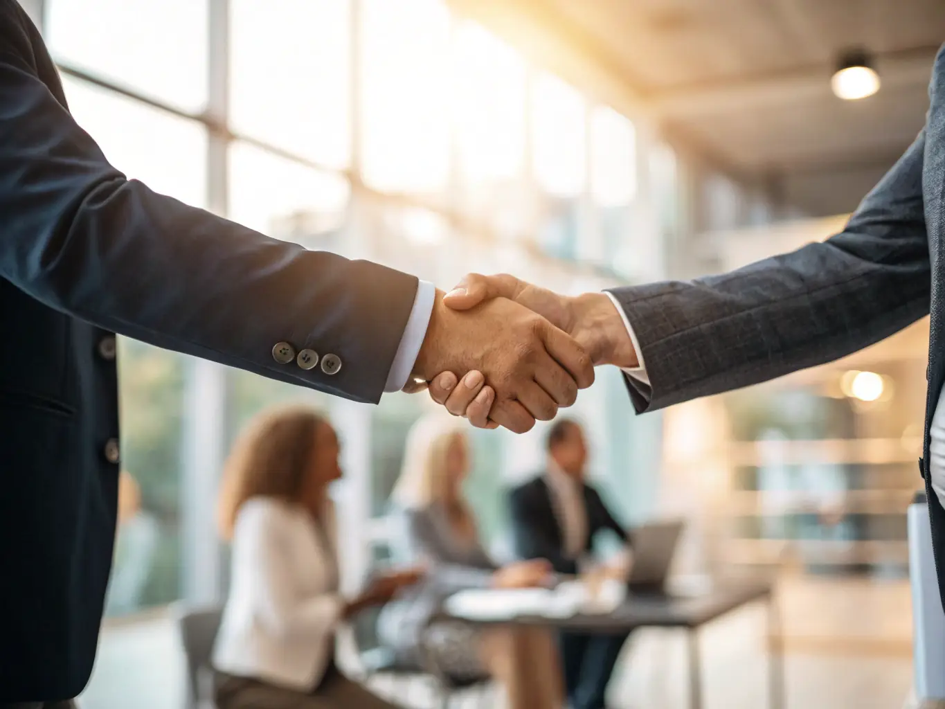 Zwei professionelle Bilder von Geschäftsleuten beim Händeschütteln, die Vertrauen und Zusammenarbeit symbolisieren, passend für eine Business-Webseite.