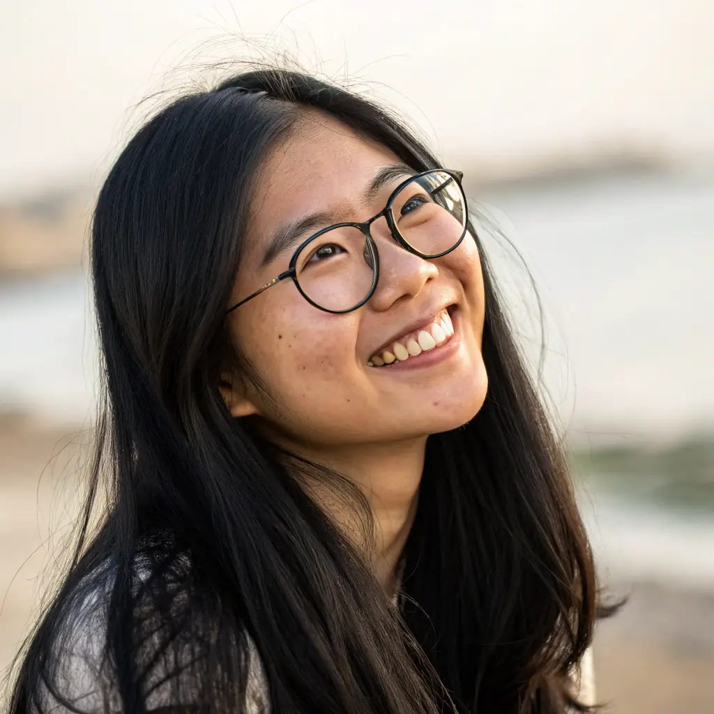 A young woman with straight black hair in a ponytail, clear glasses, and a friendly demeanor, wearing a light green blouse.