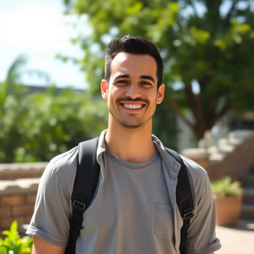 A cheerful man in his 30s with short black hair, olive skin, and expressive brown eyes, dressed in a casual polo shirt with a paw print logo.