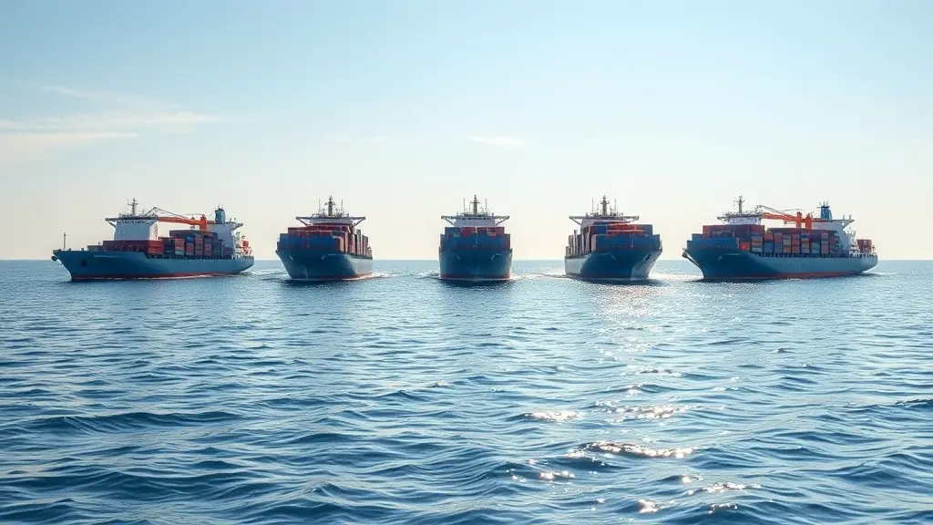 A group of cargo ships sailing together in formation on a calm sea, symbolizing unity and shared success.