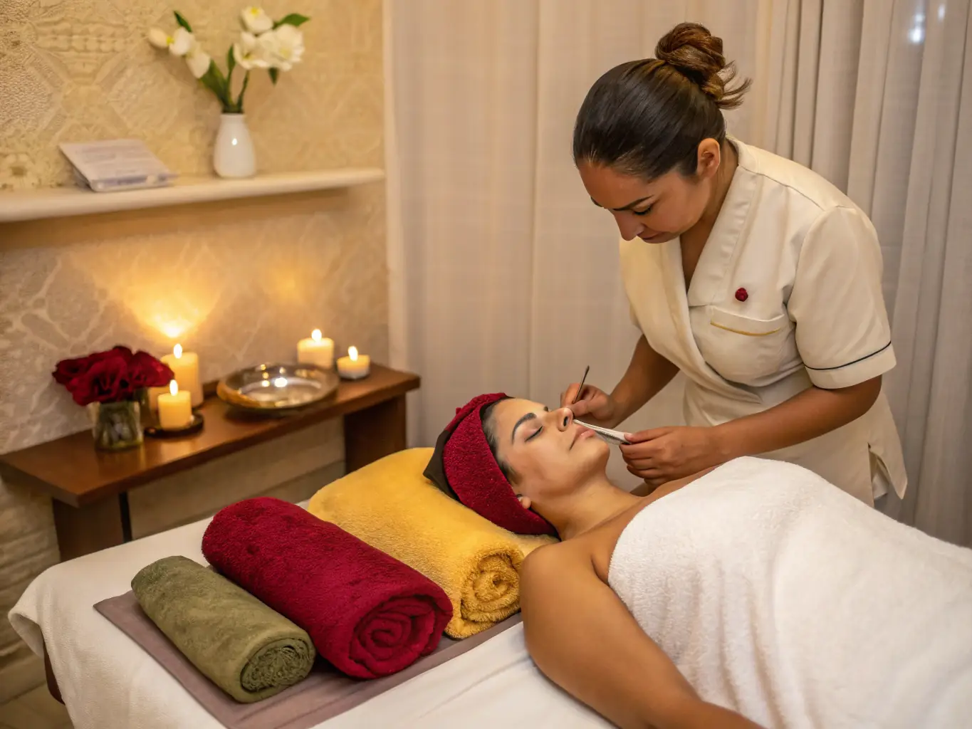 A woman receiving a Korean skincare facial at a spa. The esthetician is applying a mask to her face.