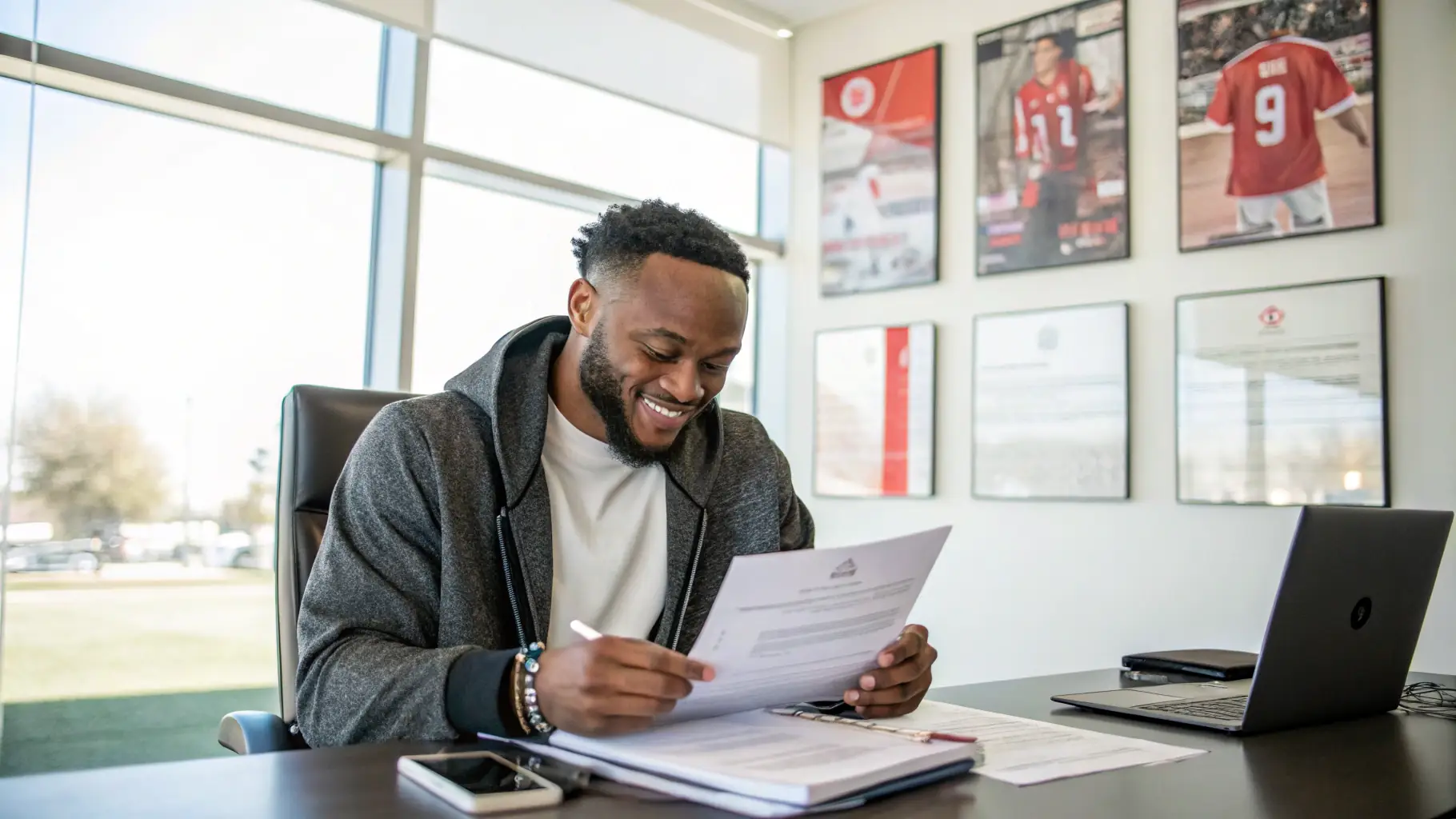 A professional athlete engaging in a strategic business discussion, symbolizing growth and partnership, set in a modern training environment