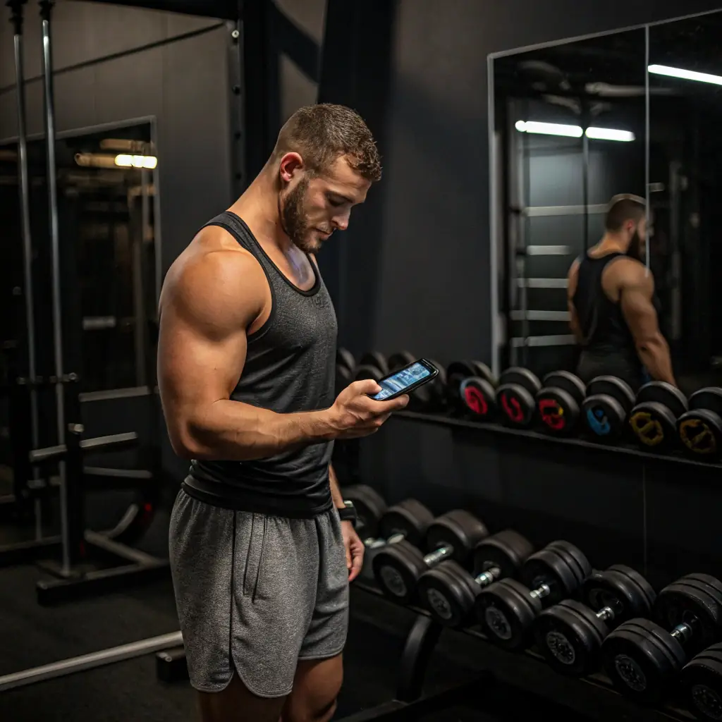 A person using the CoTrainr app on their phone while working out at the gym, showcasing the platform's features and ease of use.
