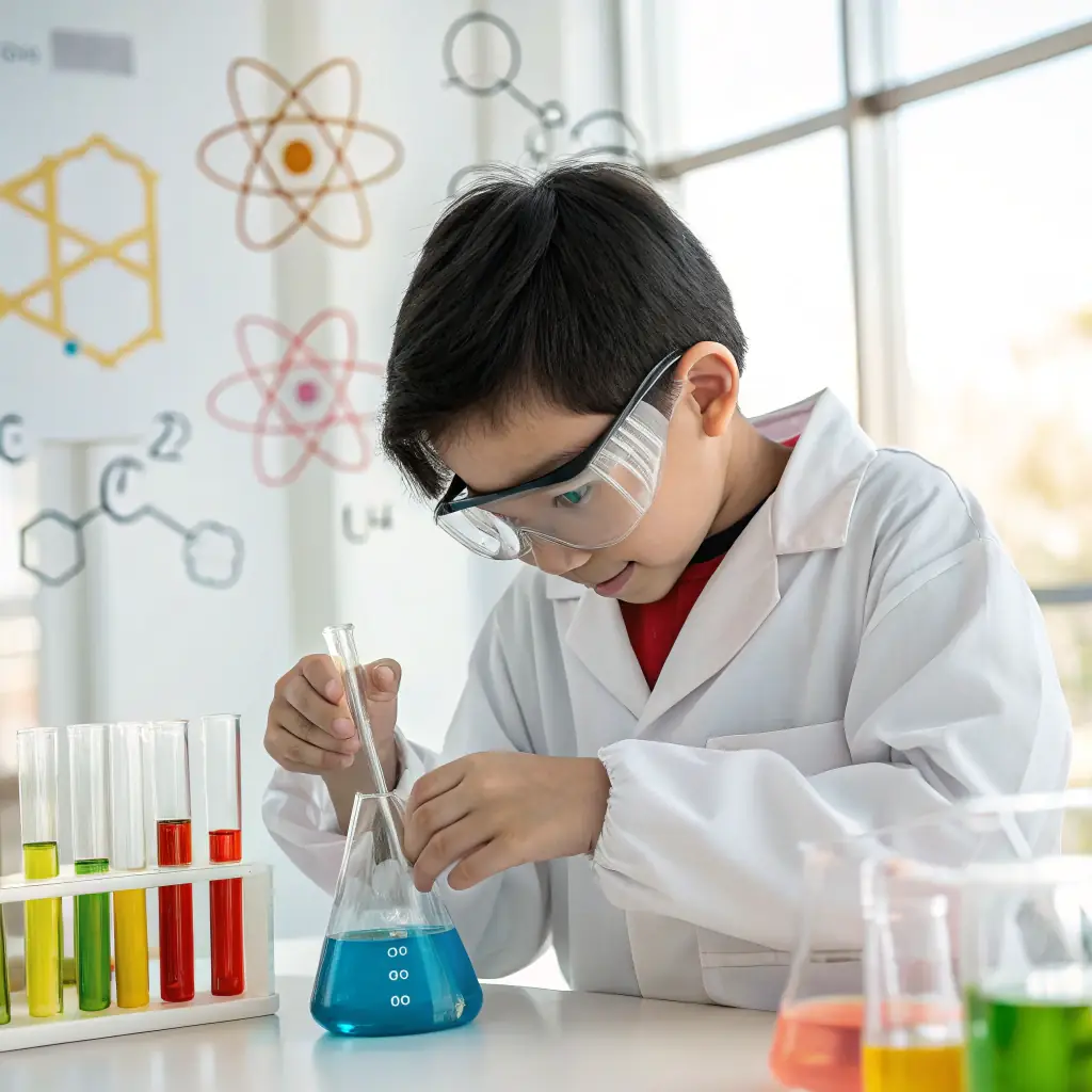 A high-resolution image of a laboratory technician in a modern lab, wearing safety goggles and gloves, carefully pouring a chemical solution from a beaker into a flask. The background shows shelves with labeled chemical containers, emphasizing quality and safety. This image will be used to illustrate CHEMSURE's commitment to product purity and compliance.