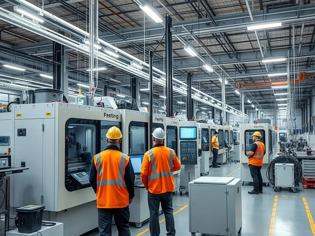 A high-tech manufacturing facility with workers in clean suits monitoring advanced machinery and control panels.